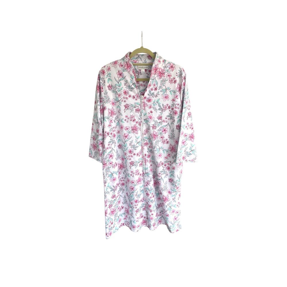 Miss Elaine Sleepwear Lounge Dress Floral Size M  Zip Front House Pink Blue